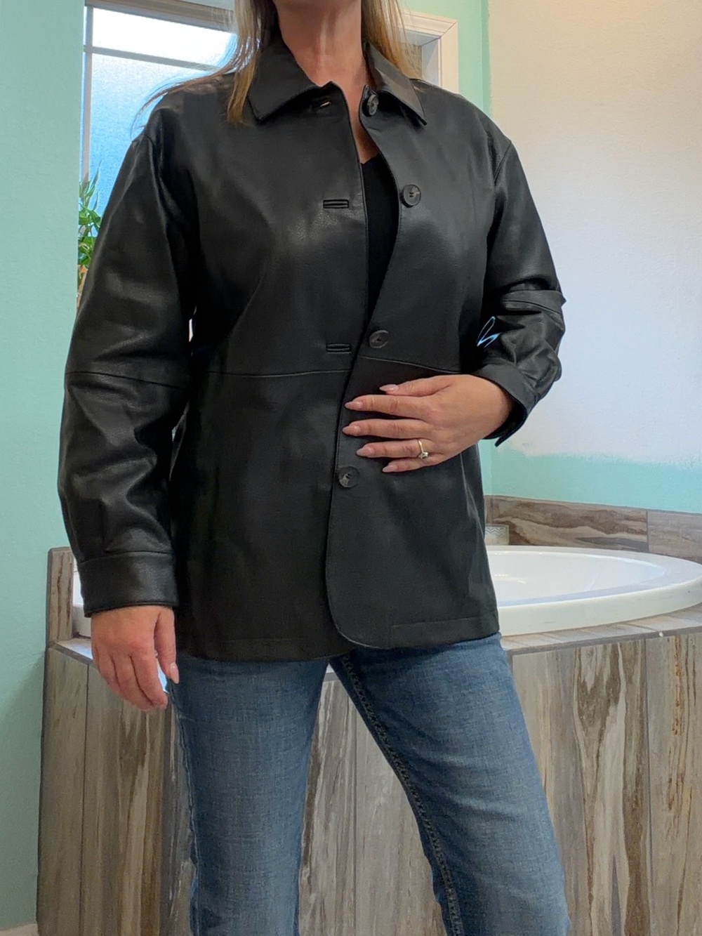 Women's Black Leather Button-Front Jacket